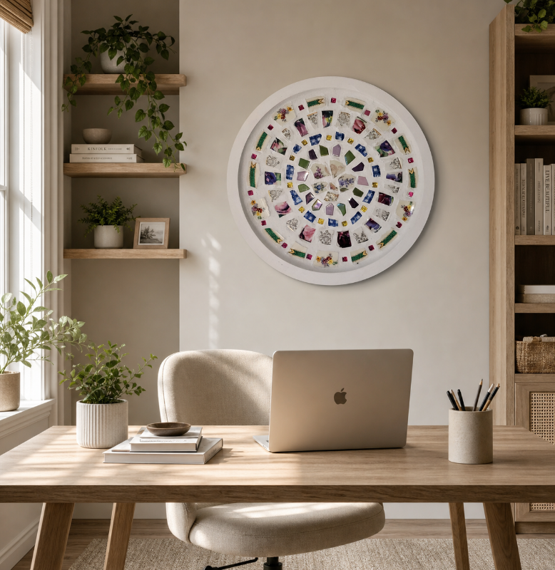 A round mosaic wall art piece made from broken vintage floral china, hanging above a home office desk